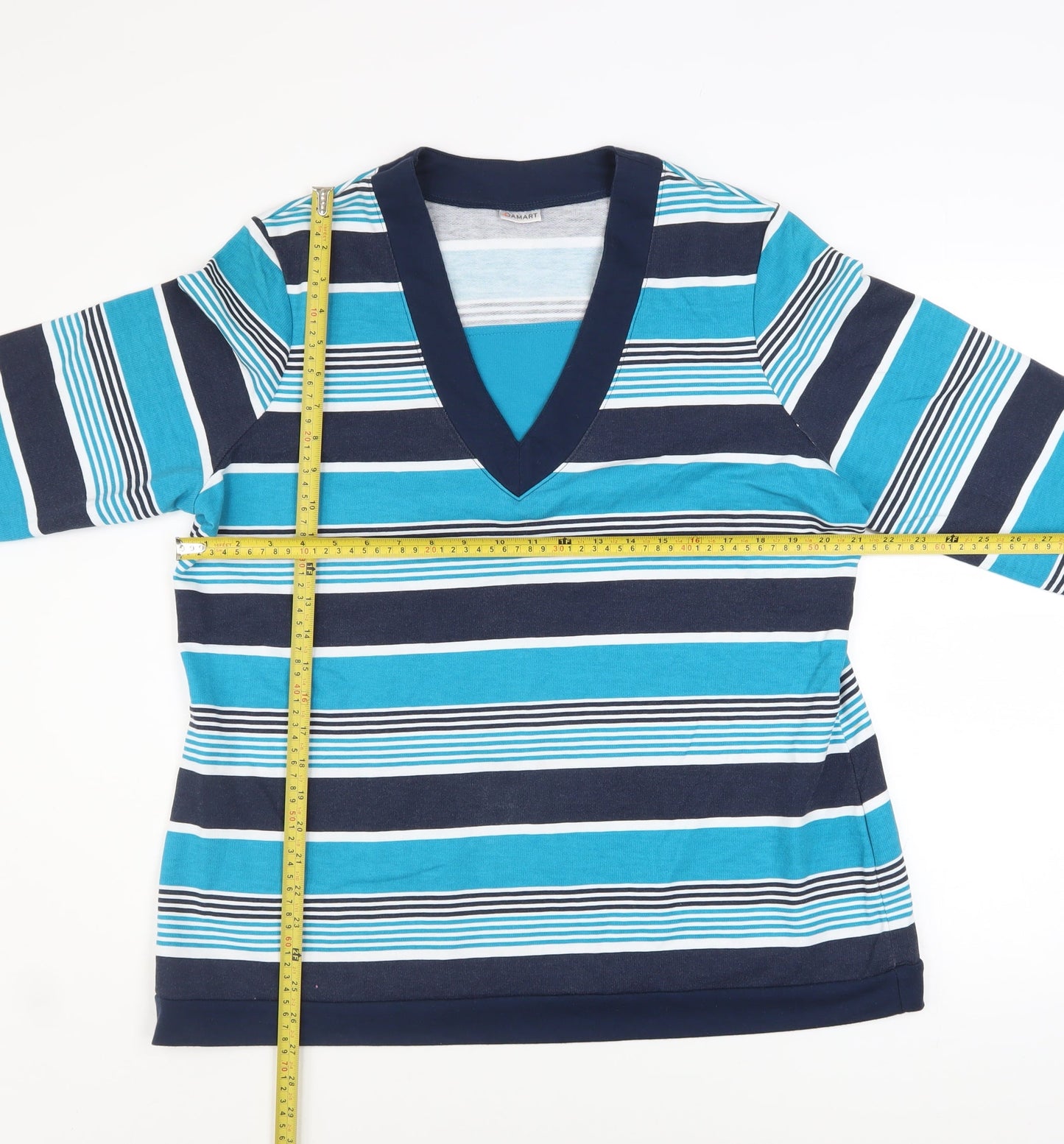 Damart Women Blue Striped V-Neck Pullover Sweatshirt L 18/20