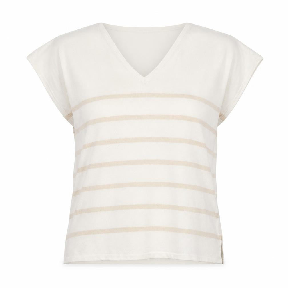Dunnes Women Beige Striped V-Neck Relaxed T-Shirt Size 12