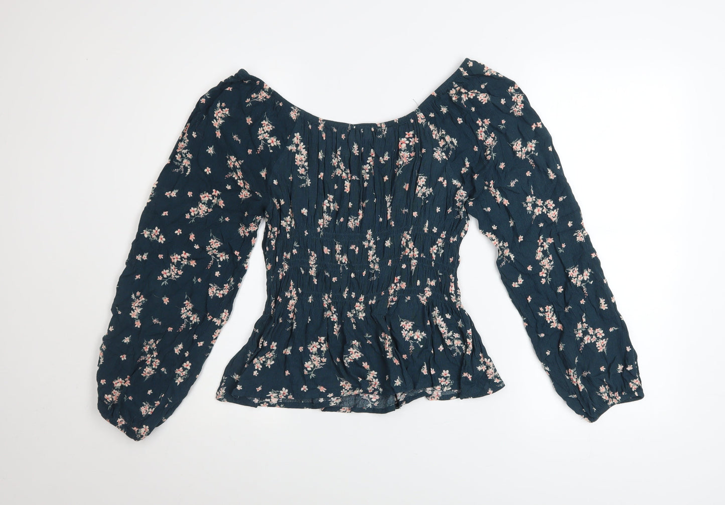 Hippie Rose Womens Blue Floral Peasant Blouse Long Sleeve Size L