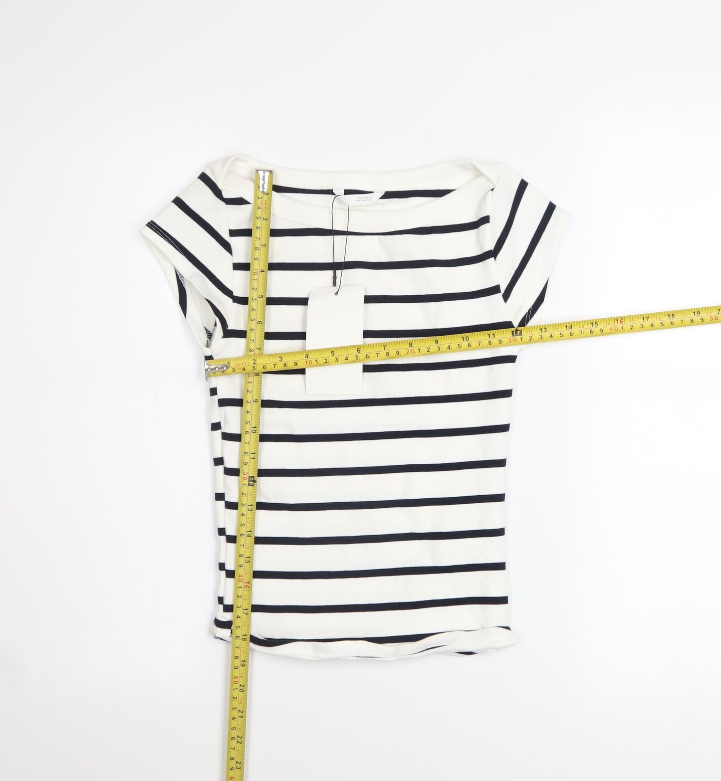 Zara Womens White Striped Boat Neck Short Sleeve Cotton T-Shirt Size M