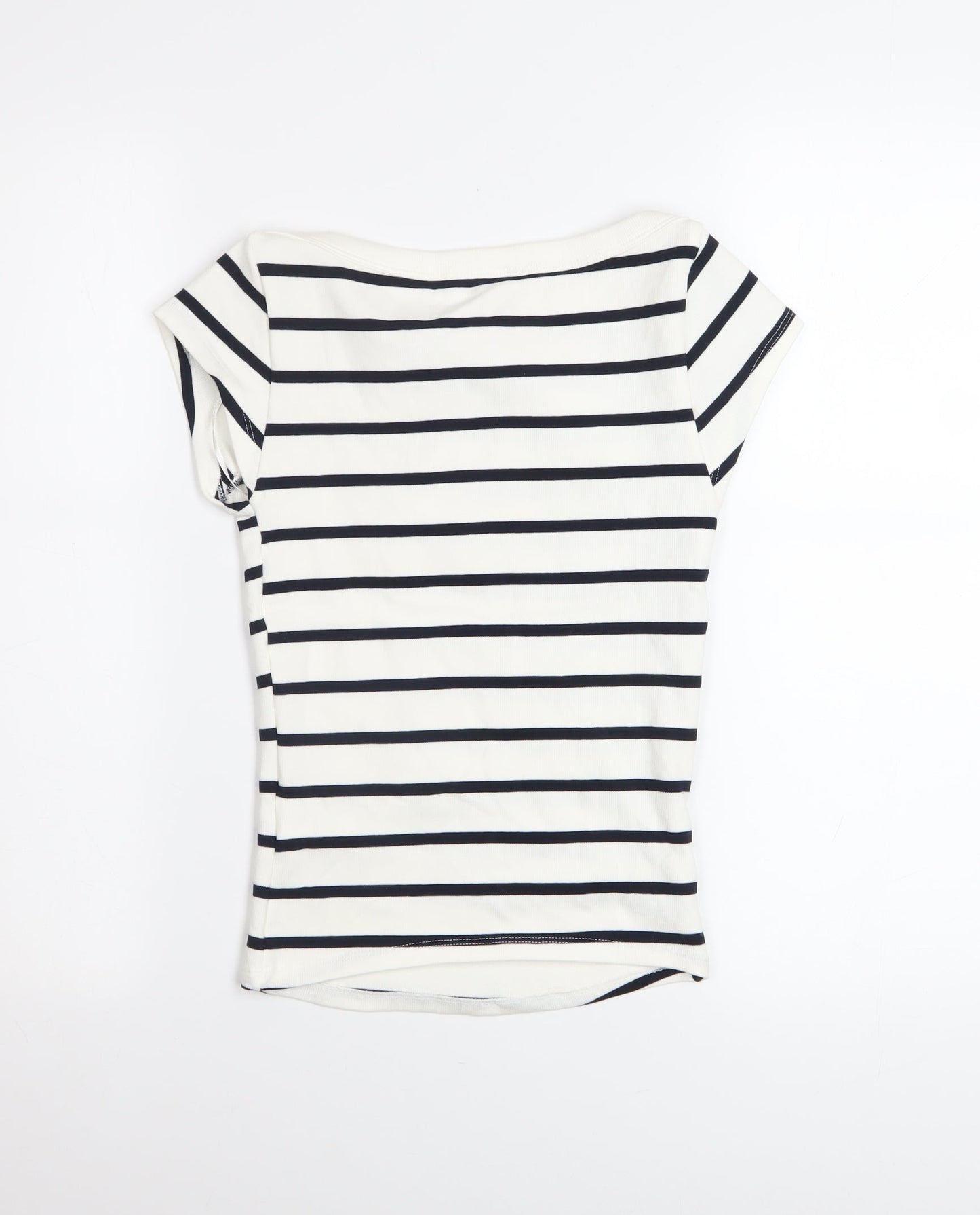 Zara Womens White Striped Boat Neck Short Sleeve Cotton T-Shirt Size M
