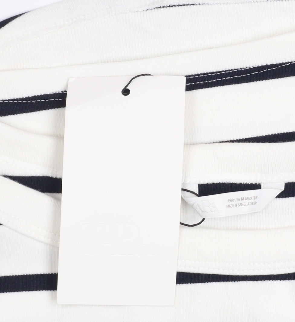 Zara Womens White Striped Boat Neck Short Sleeve Cotton T-Shirt Size M