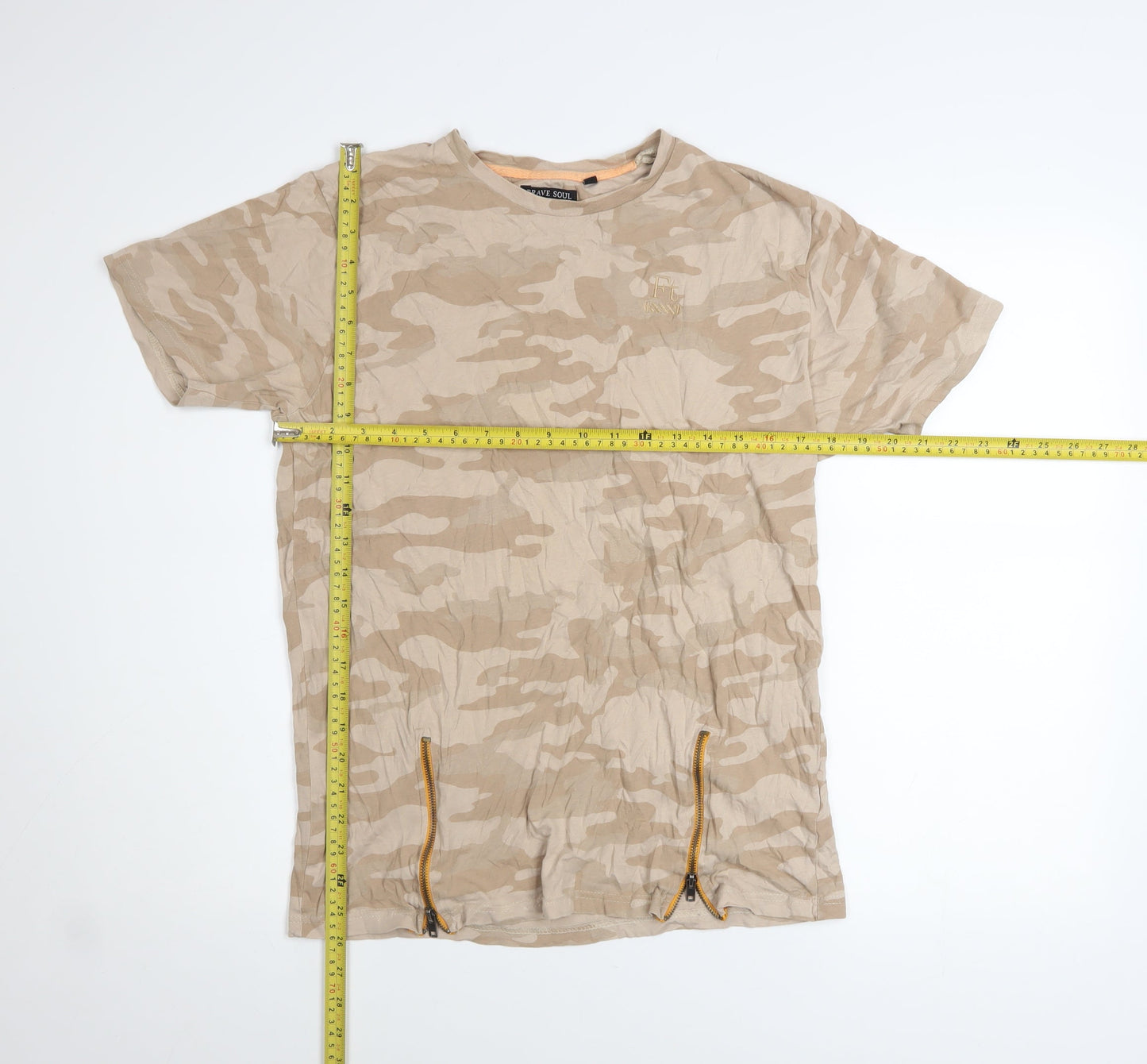 Brave Soul Men's Beige Camouflage Cotton T-Shirt Size L with Zip Accents