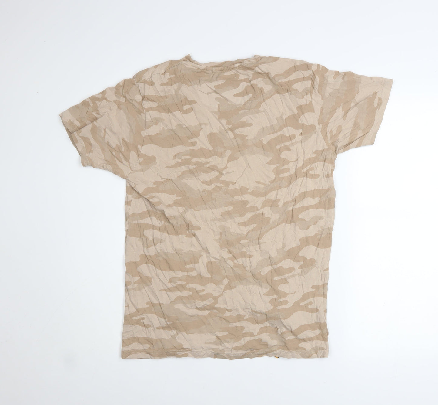 Brave Soul Men's Beige Camouflage Cotton T-Shirt Size L with Zip Accents