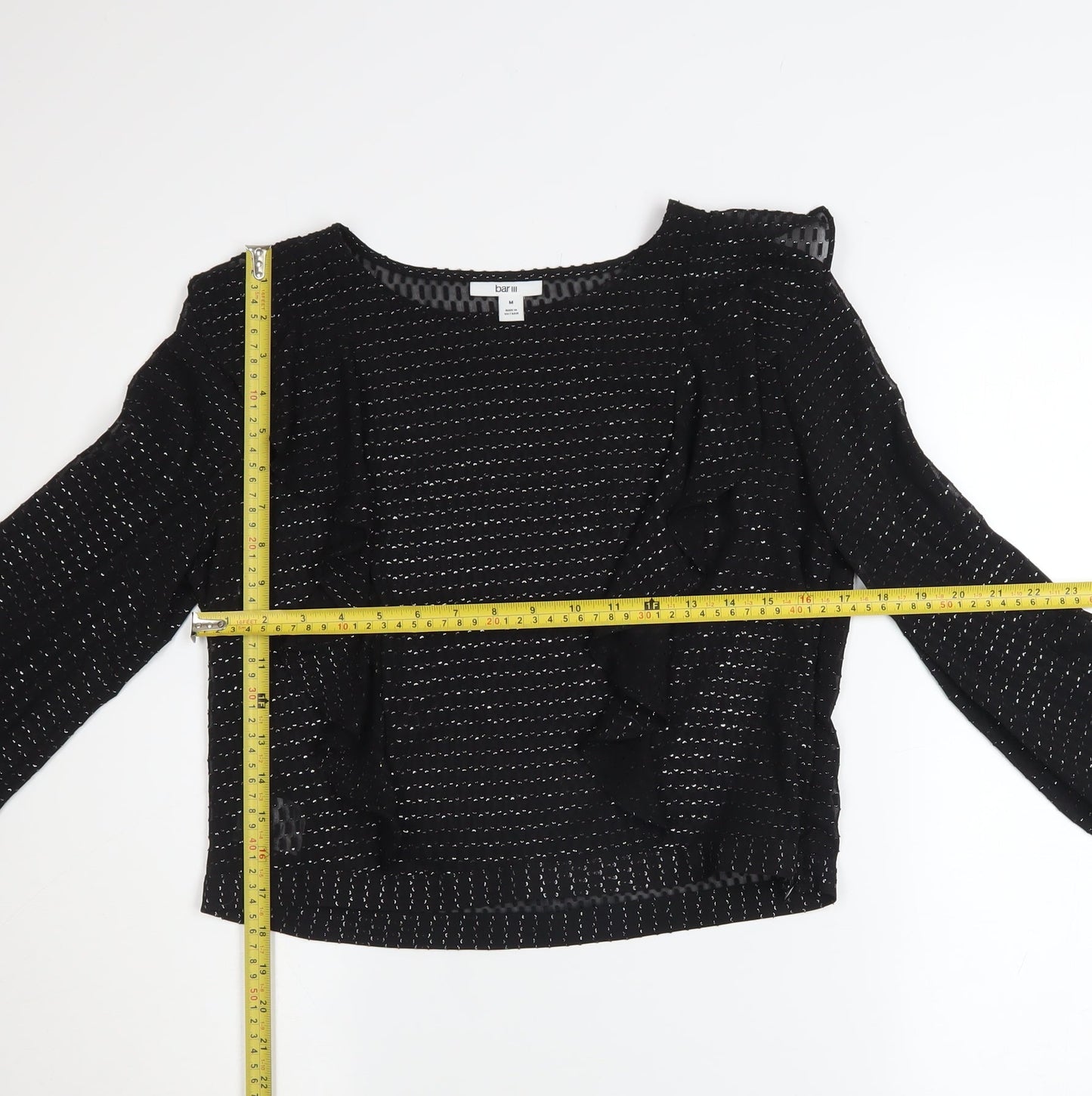 Bar III Women's Black Ruffle Cropped Long Sleeve Blouse M