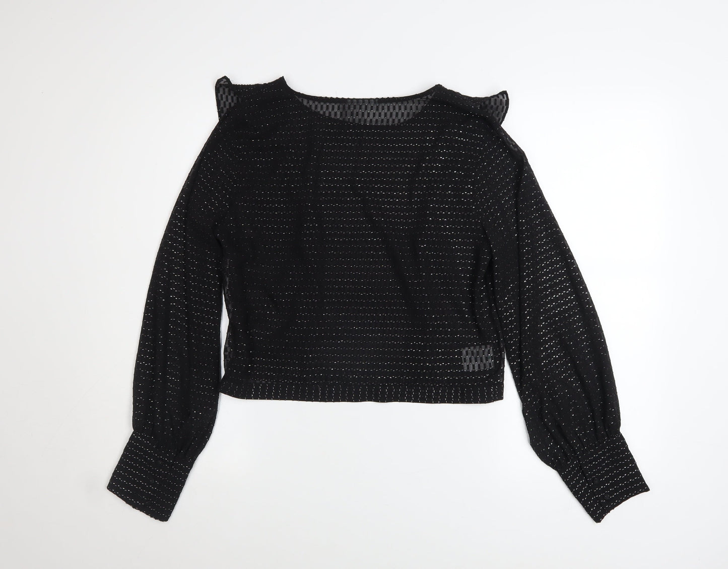 Bar III Women's Black Ruffle Cropped Long Sleeve Blouse M
