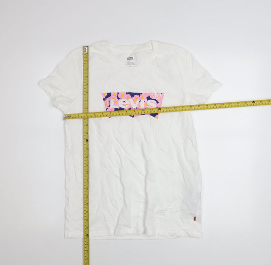Levi's Women's White Floral Logo T-Shirt Size S Cotton Short Sleeve