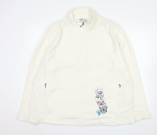 Atlasforwomen White Embroidered Fleece Jacket Women’s Plus 24-26 Zip Pockets
