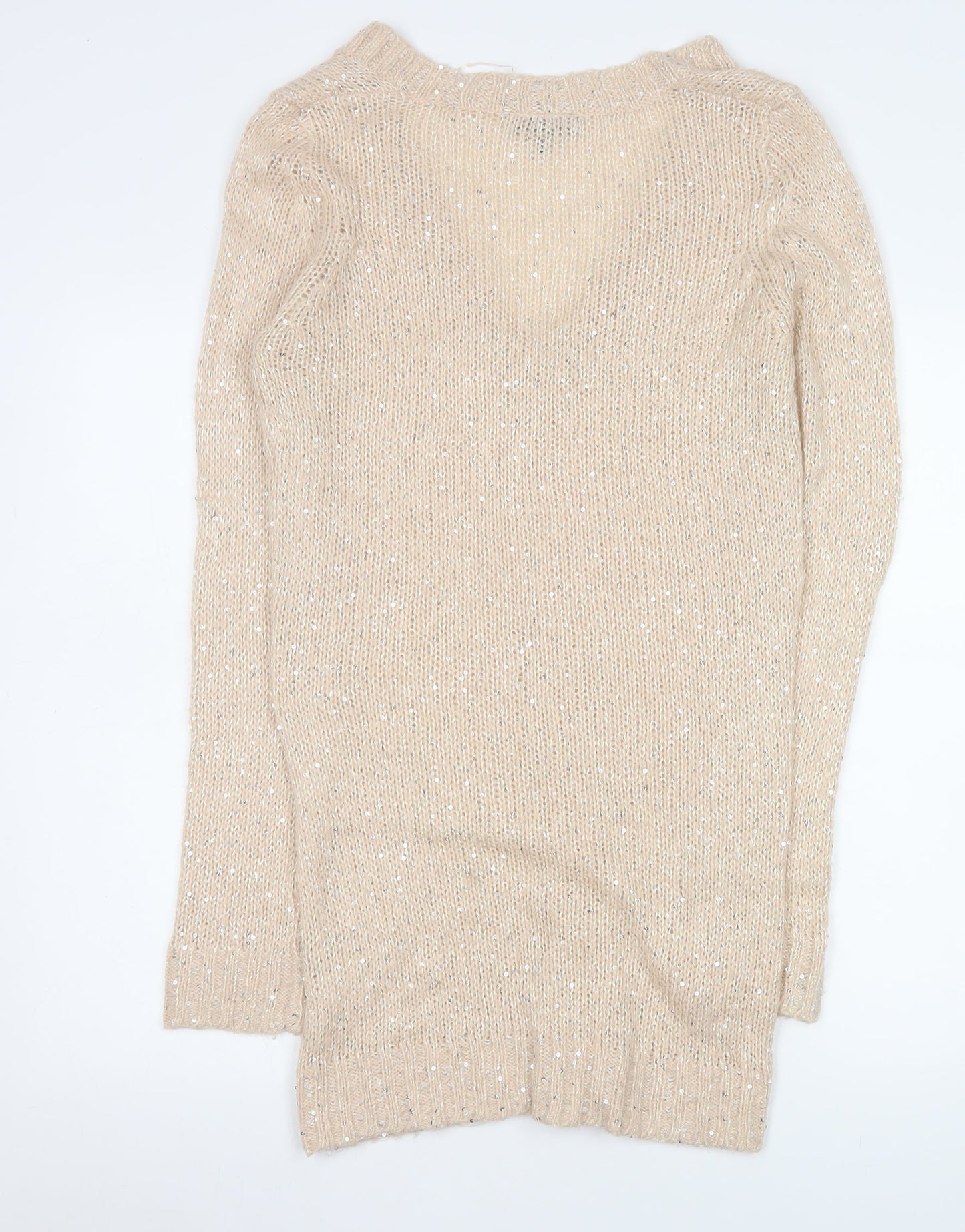 Warehouse Women’s Beige Sequin V-Neck Long Sleeve Pullover Jumper Size 12