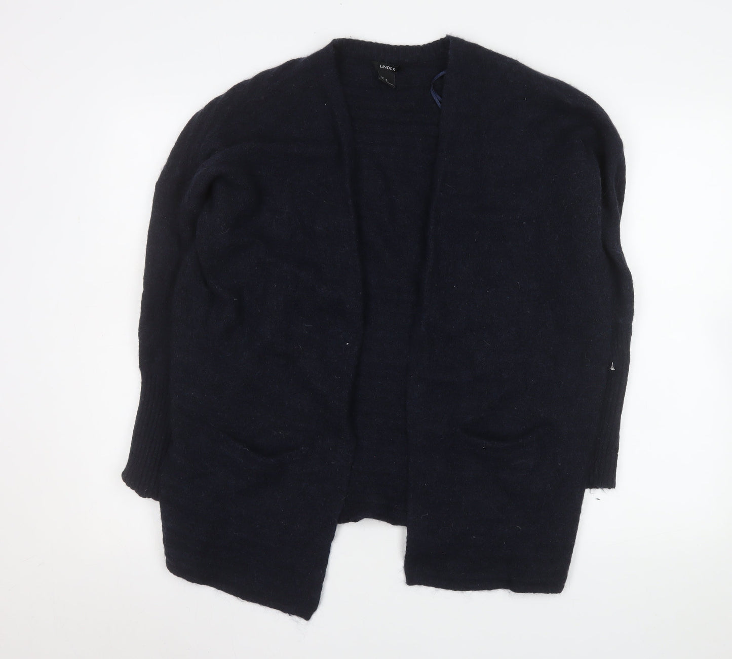 Lindex Women’s Navy Blue Cardigan Medium Wool Mohair Blend Open Knit