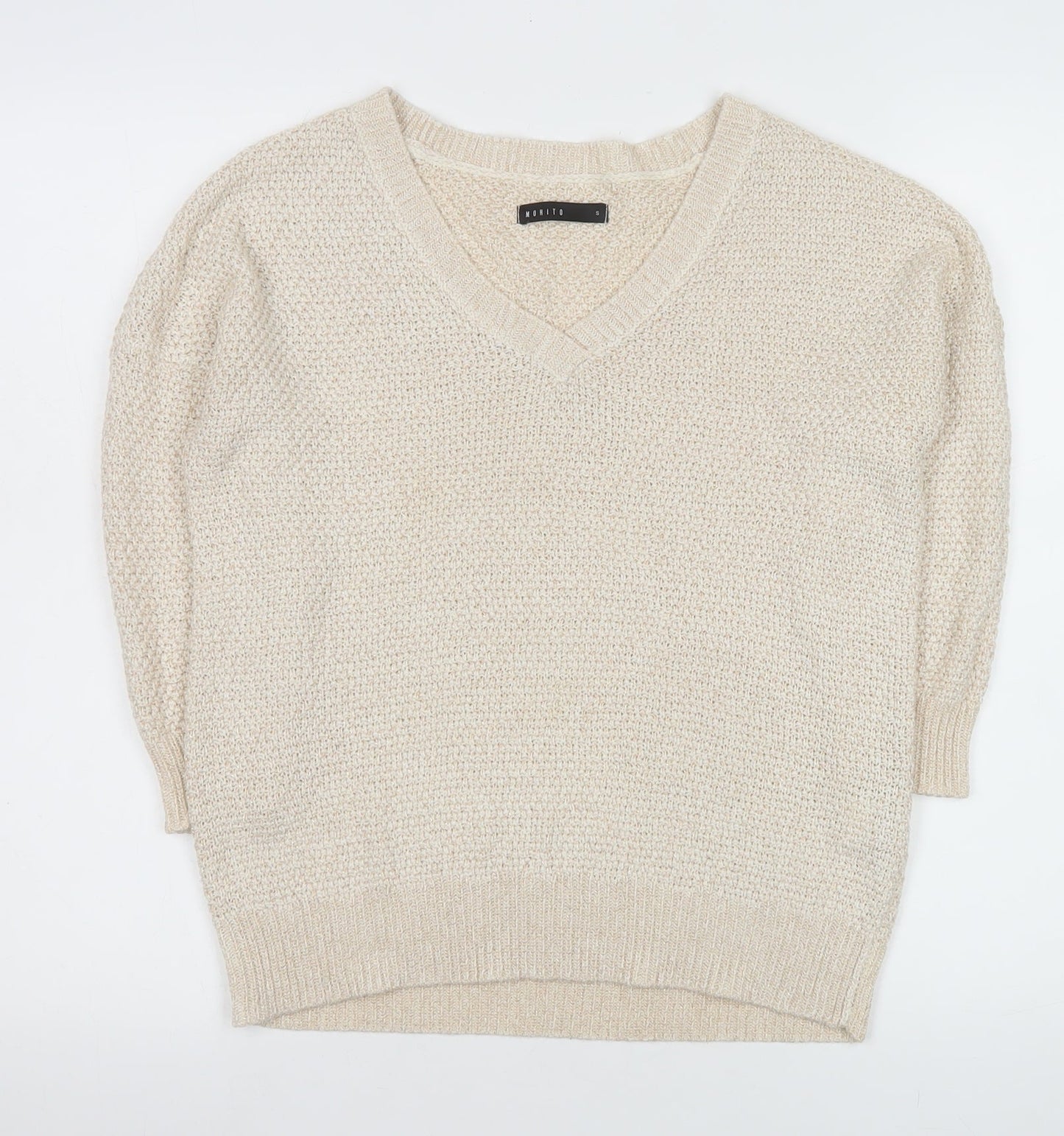 Mohito Women Beige Chunky-Knit V-Neck Pullover Jumper Size S