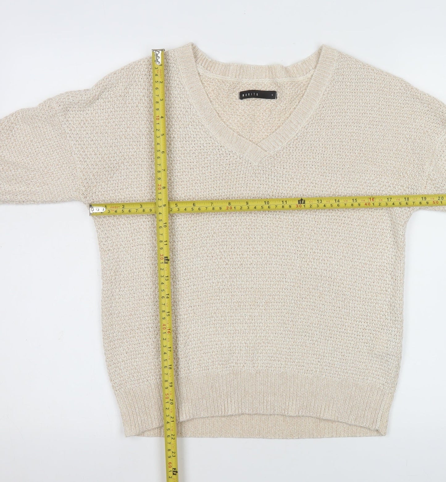 Mohito Women Beige Chunky-Knit V-Neck Pullover Jumper Size S
