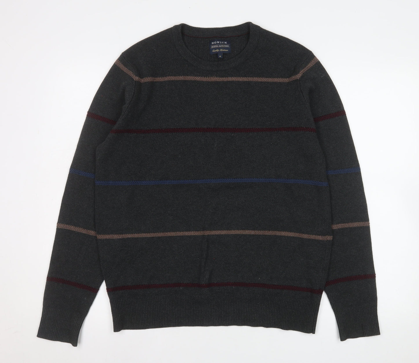 Howick Men's Grey Striped Cotton Crew Neck Jumper M