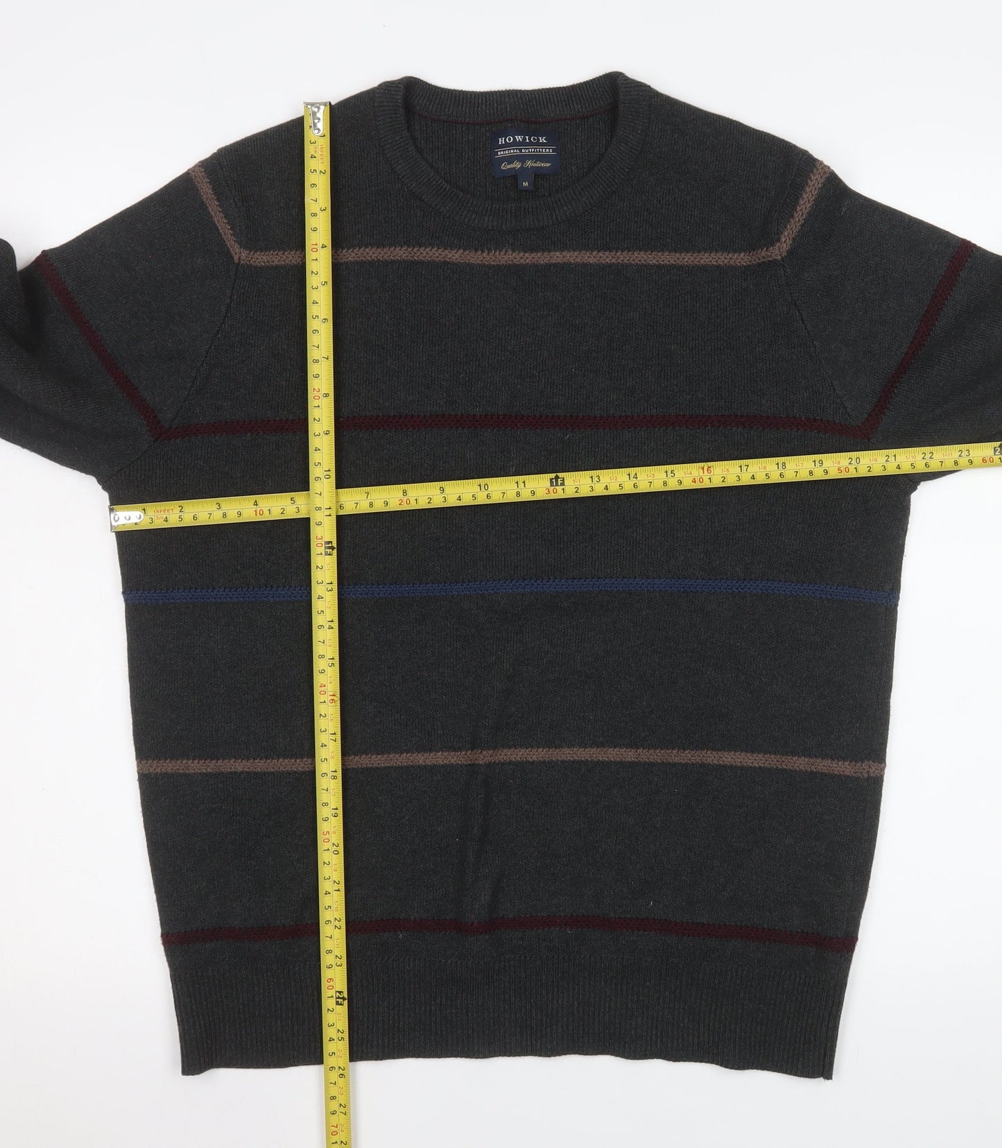Howick Men's Grey Striped Cotton Crew Neck Jumper M
