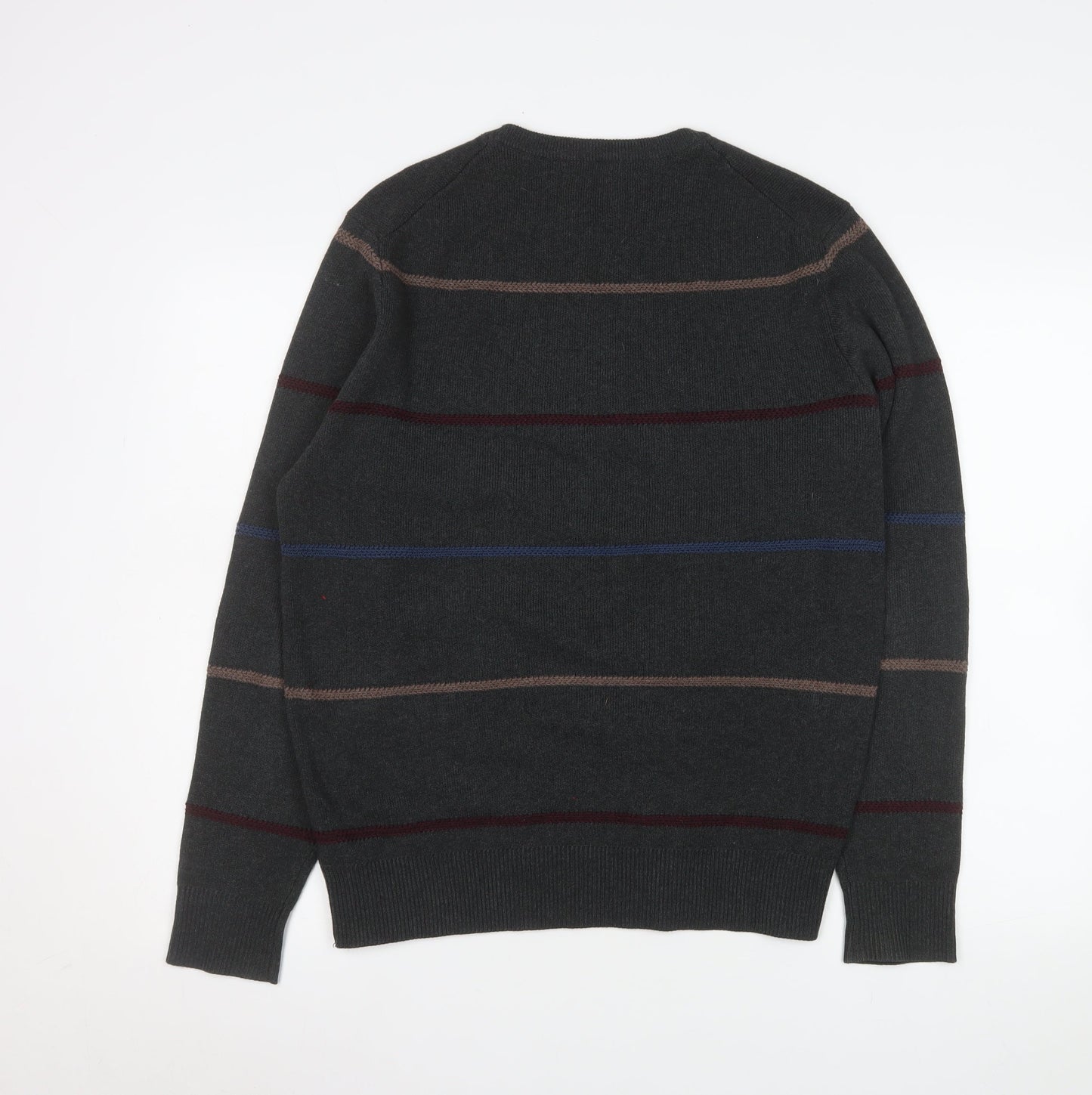 Howick Men's Grey Striped Cotton Crew Neck Jumper M
