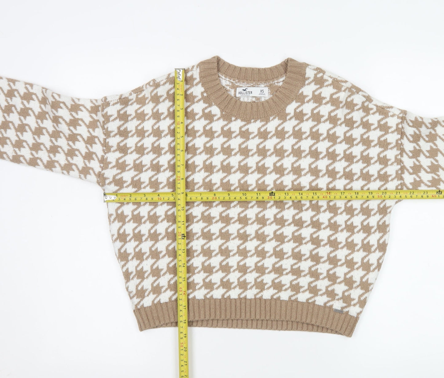Hollister Womens Beige Houndstooth Knit Jumper XS Crew Neck Pullover