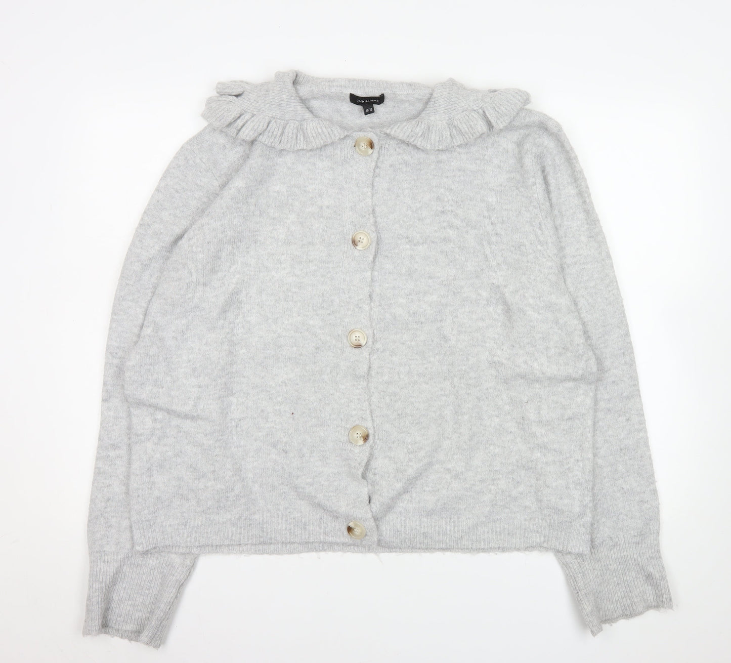 JD Williams Women Grey Cardigan Size 16/18 Button Front Ruffle Collar Knit