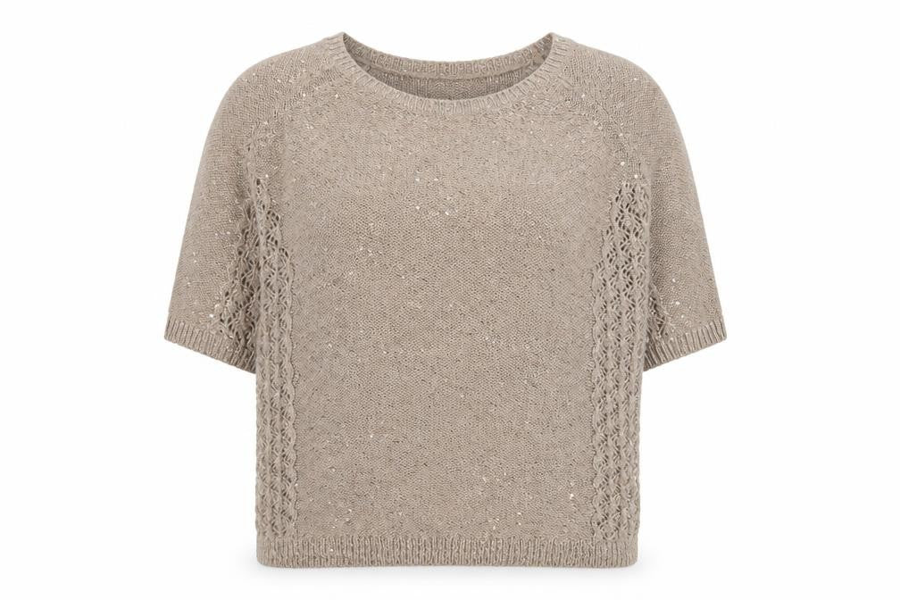 Monsoon Women Beige Sequin Knit Short Sleeve Pullover Jumper L