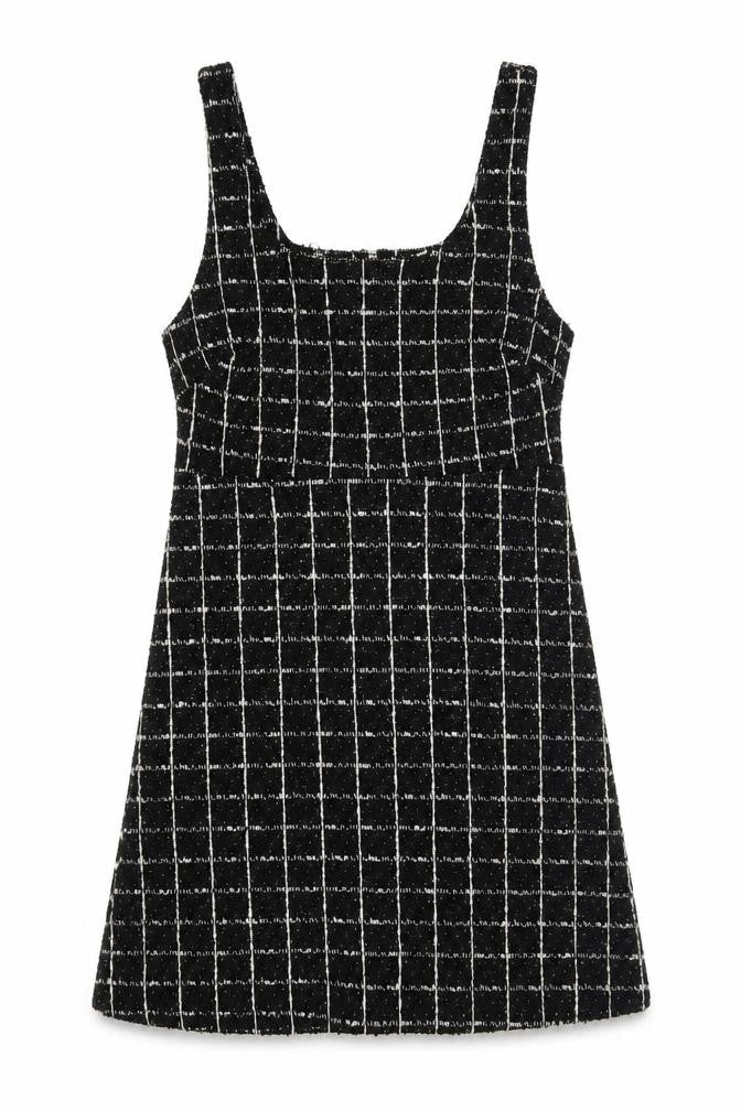 MNG Women's Black Check Tweed Sleeveless Shift Dress Size 8