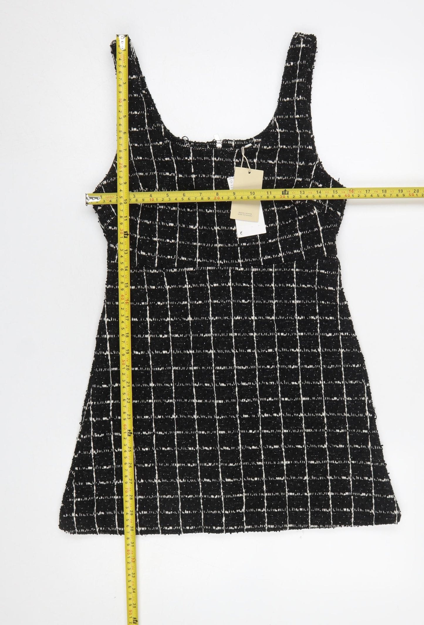 MNG Women's Black Check Tweed Sleeveless Shift Dress Size 8