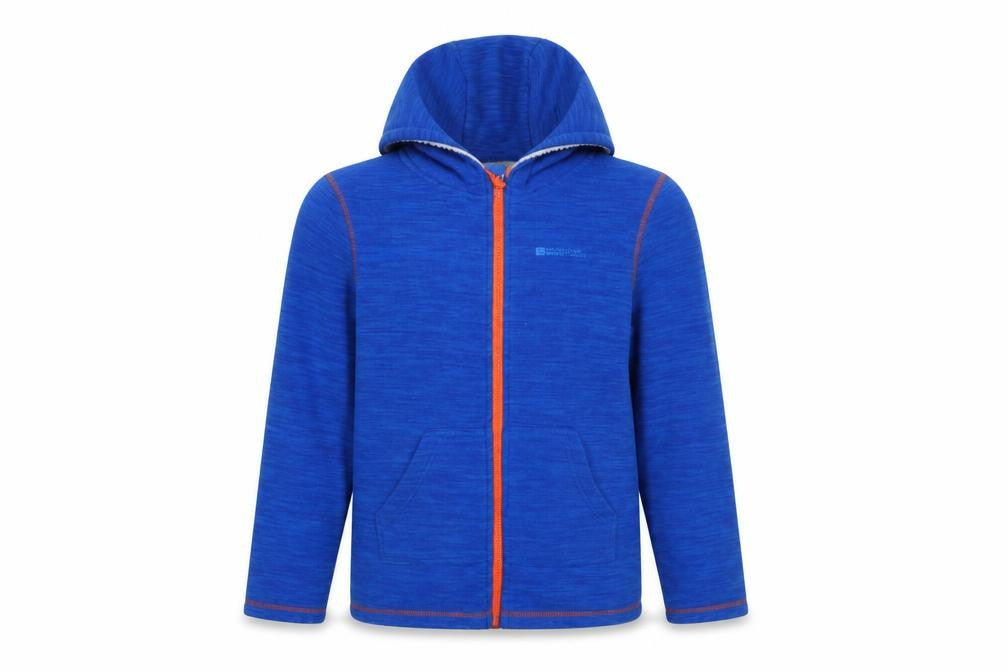 Front view of Mountain Warehouse boys’ blue full zip hooded fleece jacket 11-12 years