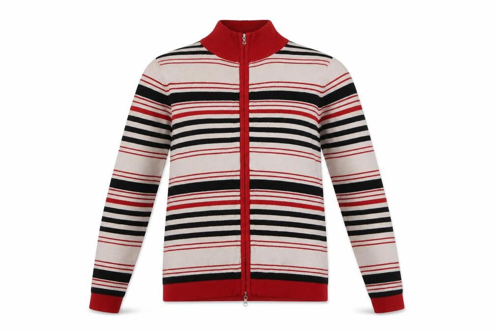 Sasha Women’s Beige Red Striped Full Zip Cardigan Jumper M