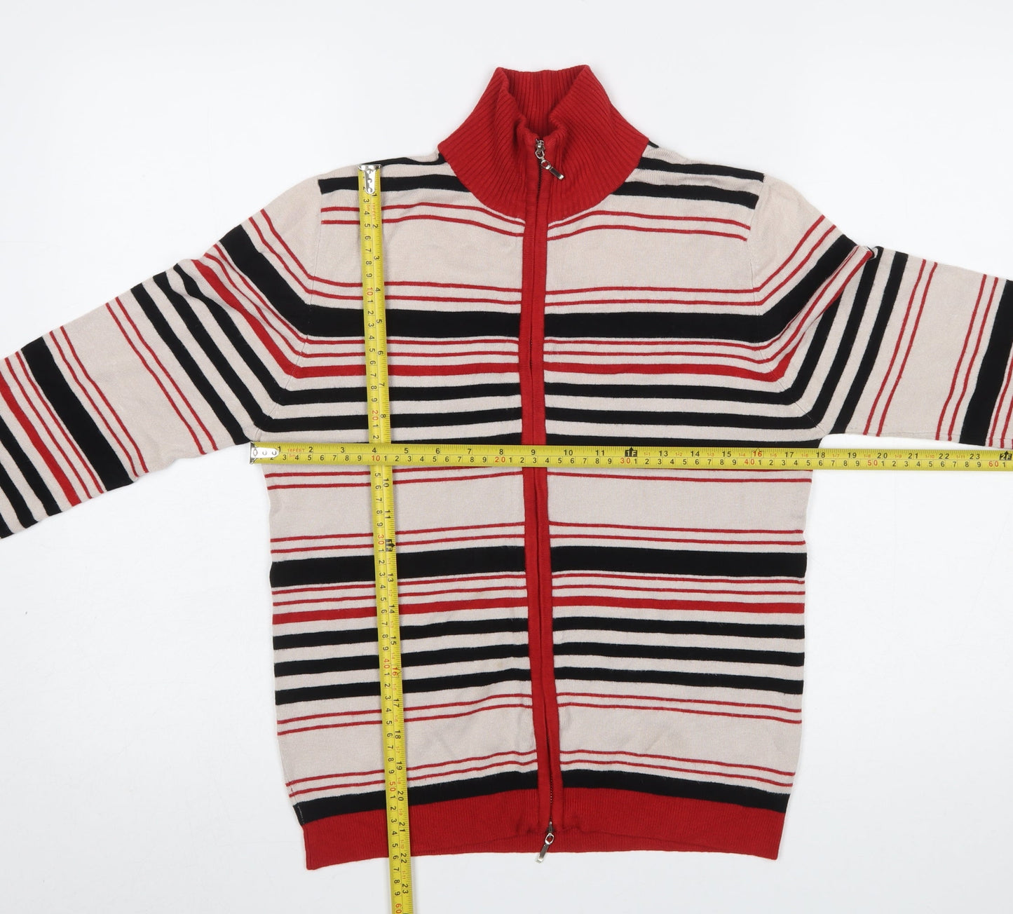 Sasha Women’s Beige Red Striped Full Zip Cardigan Jumper M