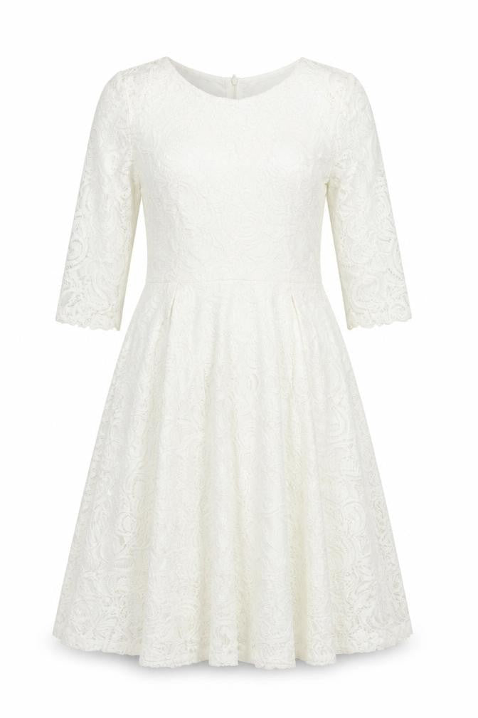 Allandwell Womens White Lace Fit & Flare Dress M 3/4 Sleeve Wedding Party