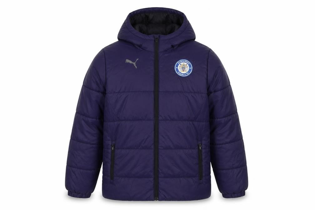 Front view of Puma boys’ blue stockport county fc hooded puffer jacket 11-12 years
