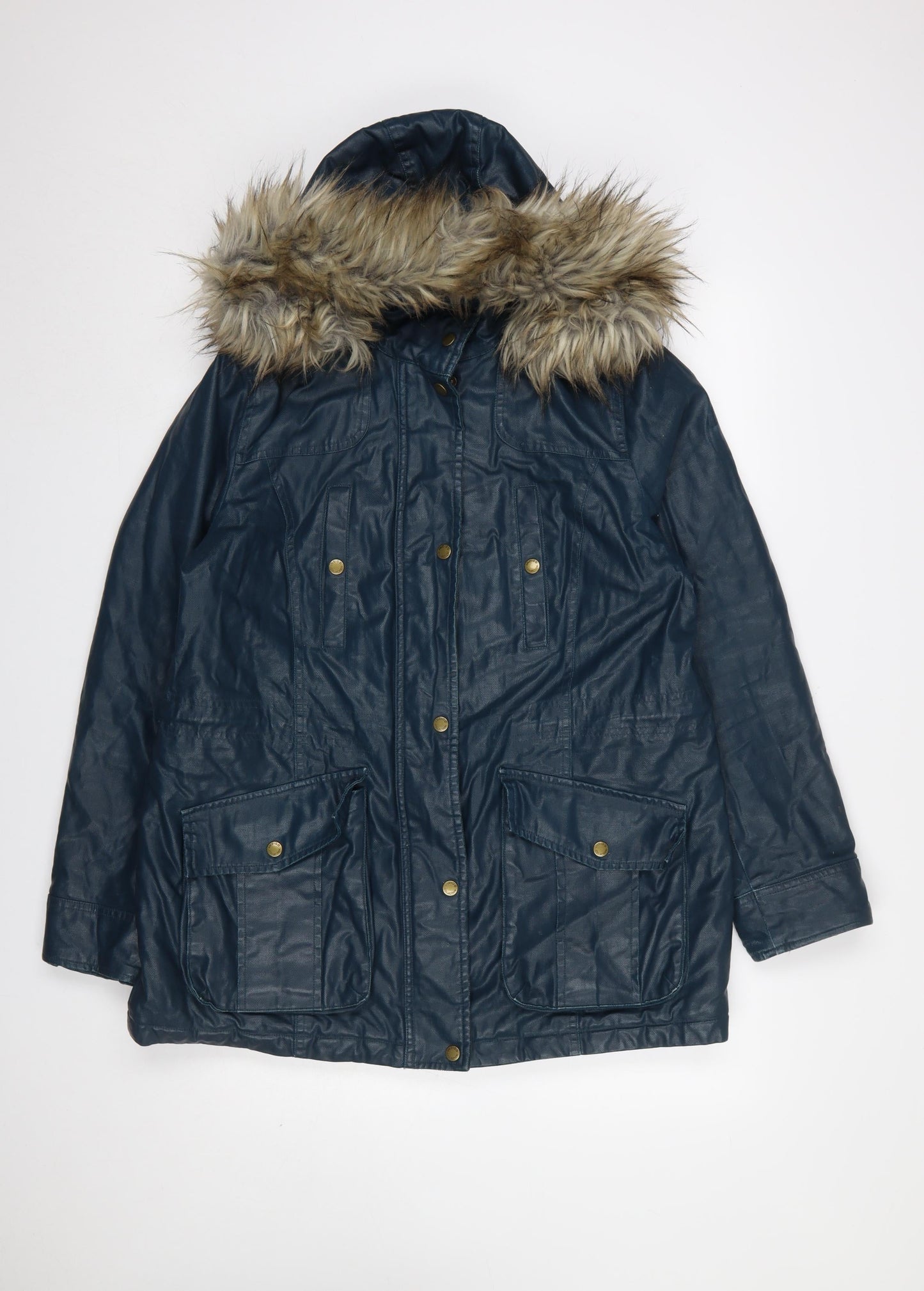 Marks and Spencer Women Blue Faux Fur Hooded Parka Coat Size 14