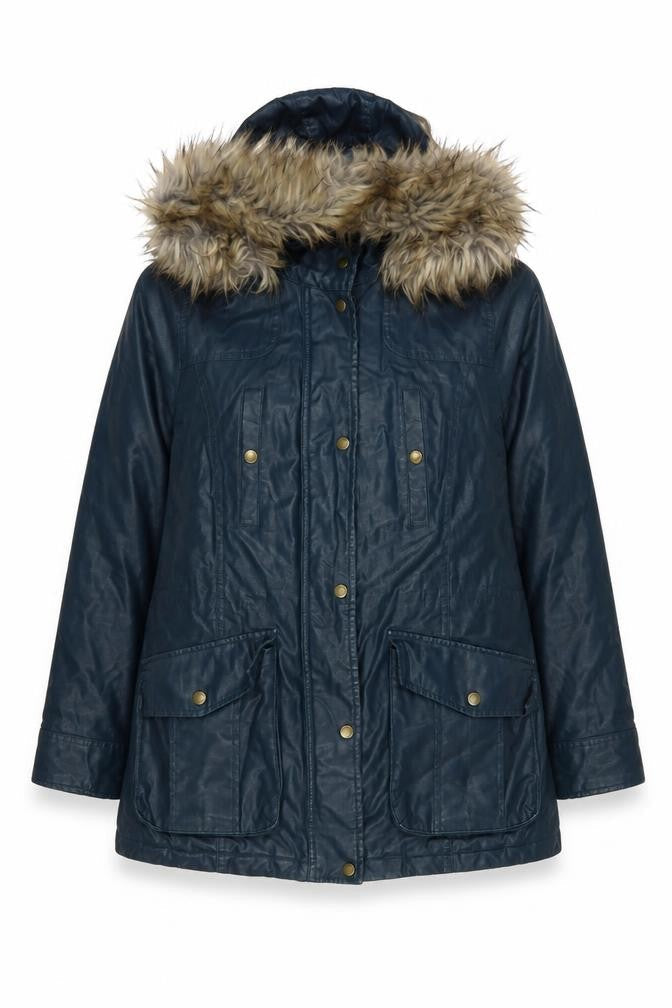 Marks and Spencer Women Blue Faux Fur Hooded Parka Coat Size 14