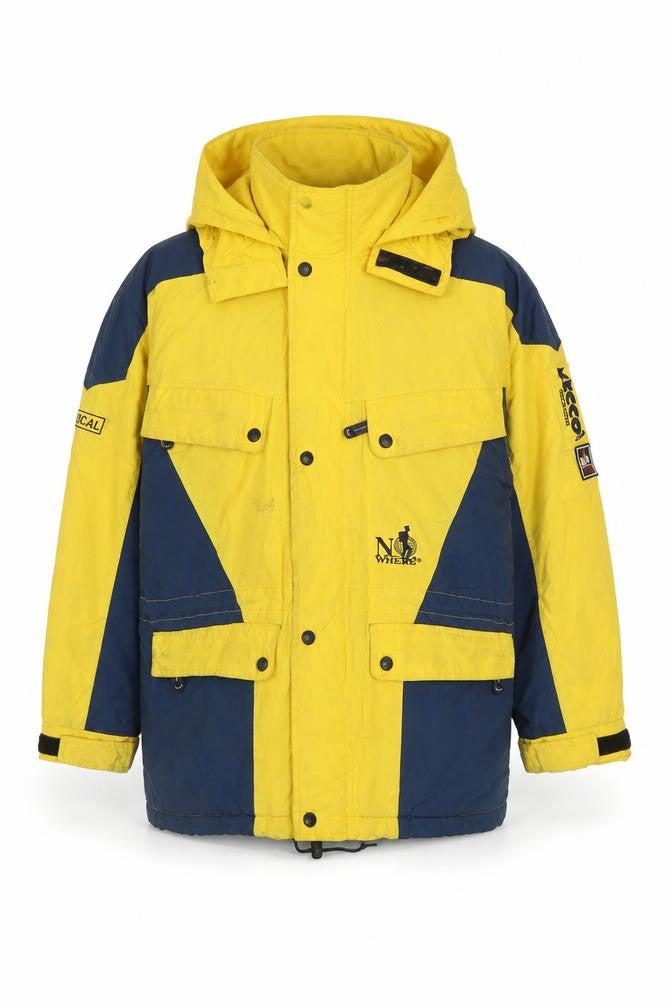 Front view of No Where boys’ yellow and blue ski jacket 11-12 years hooded winter coat