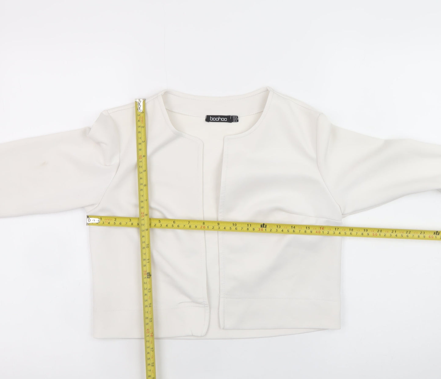 Boohoo Women's Ivory Cropped Blouse UK 12 Long Sleeve Jersey Top