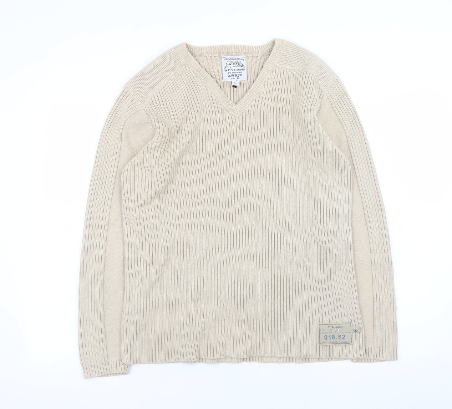 Next Men's Beige Cotton V-Neck Ribbed Jumper Size L Vintage Style Knitwear