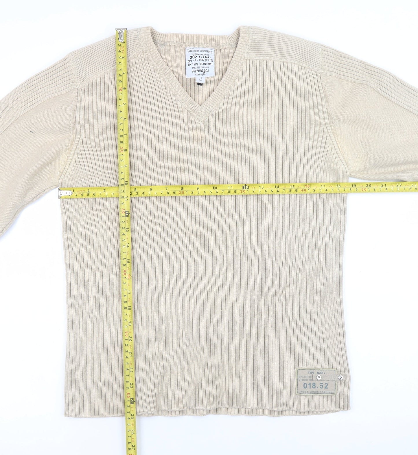 Next Men's Beige Cotton V-Neck Ribbed Jumper Size L Vintage Style Knitwear