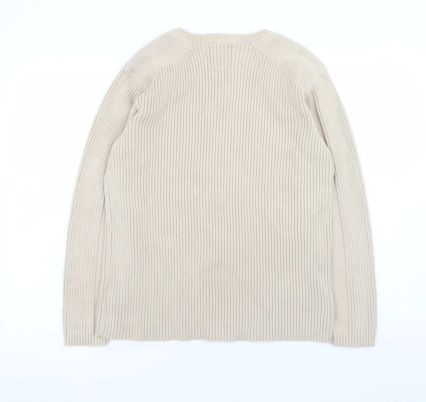 Next Men's Beige Cotton V-Neck Ribbed Jumper Size L Vintage Style Knitwear
