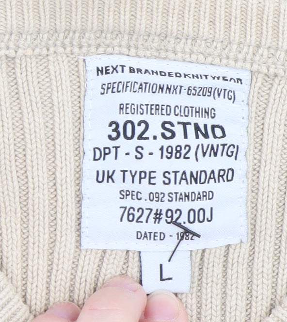 Next Men's Beige Cotton V-Neck Ribbed Jumper Size L Vintage Style Knitwear