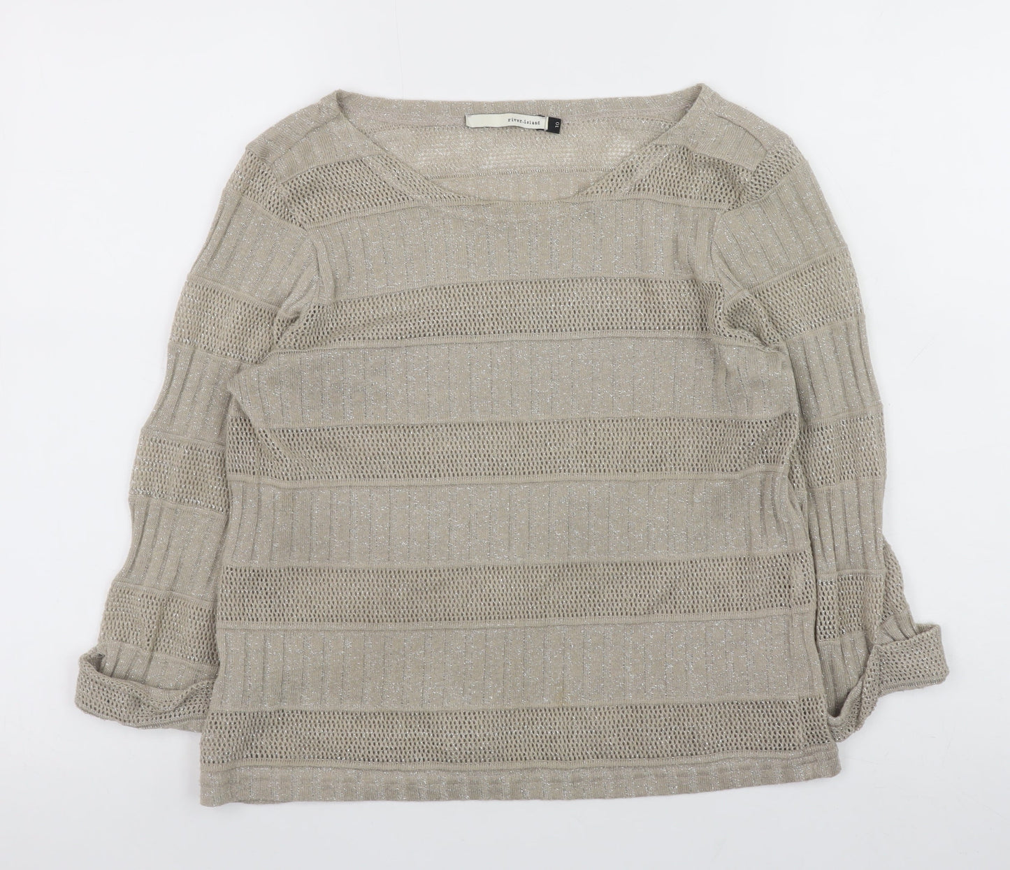 River Island Women's Beige Open-Knit Stripe Jumper Size 10
