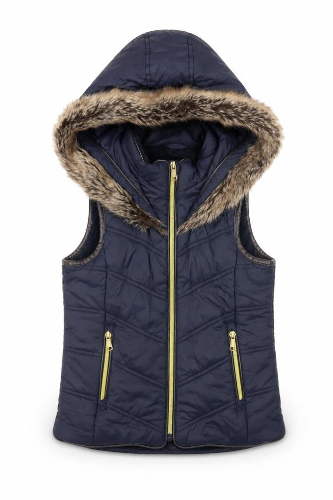 Front view of Firetrap boys’ blue hooded puffer gilet faux fur trim 7-8 years