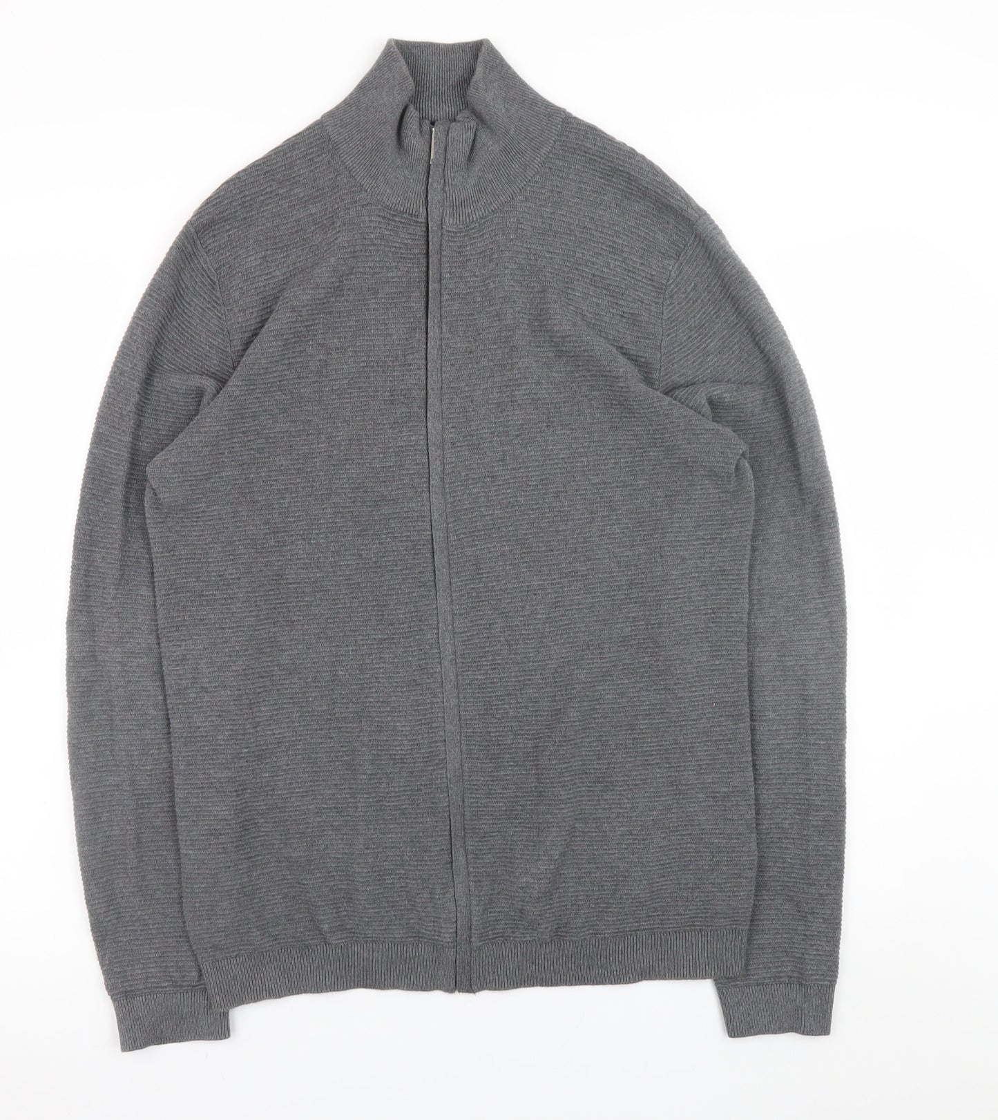 Selected Homme Men's Grey Full Zip High Neck Cotton Jumper Size M