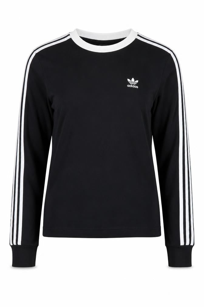 Front view of Adidas Women's Black Long Sleeve 3-Stripes Crew Neck T-Shirt XS