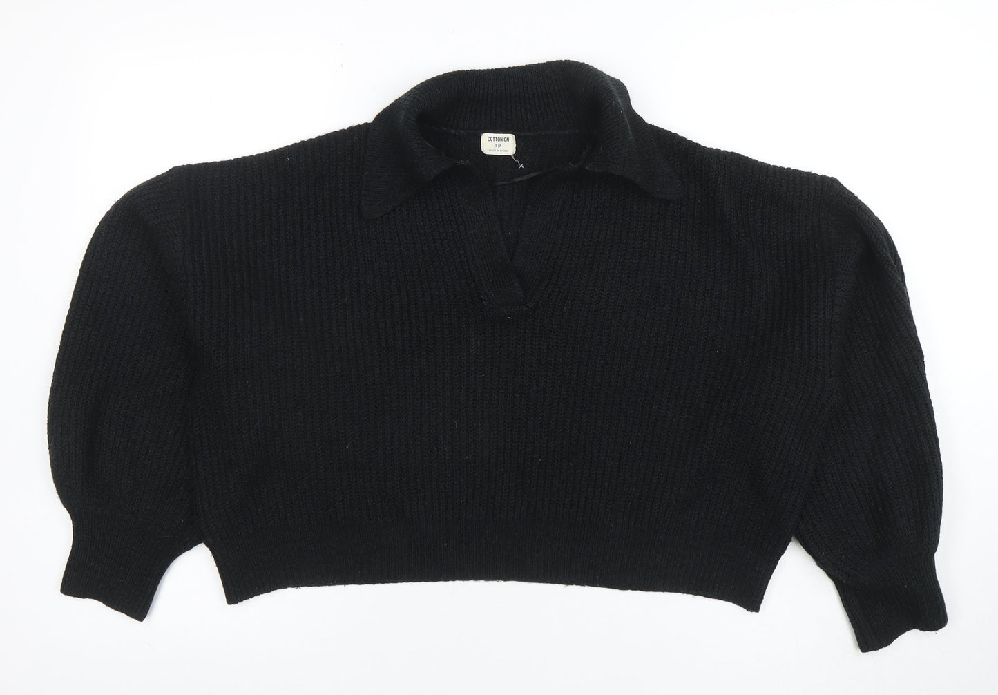 Cotton On Women's Black Collared Henley Knit Jumper Size S