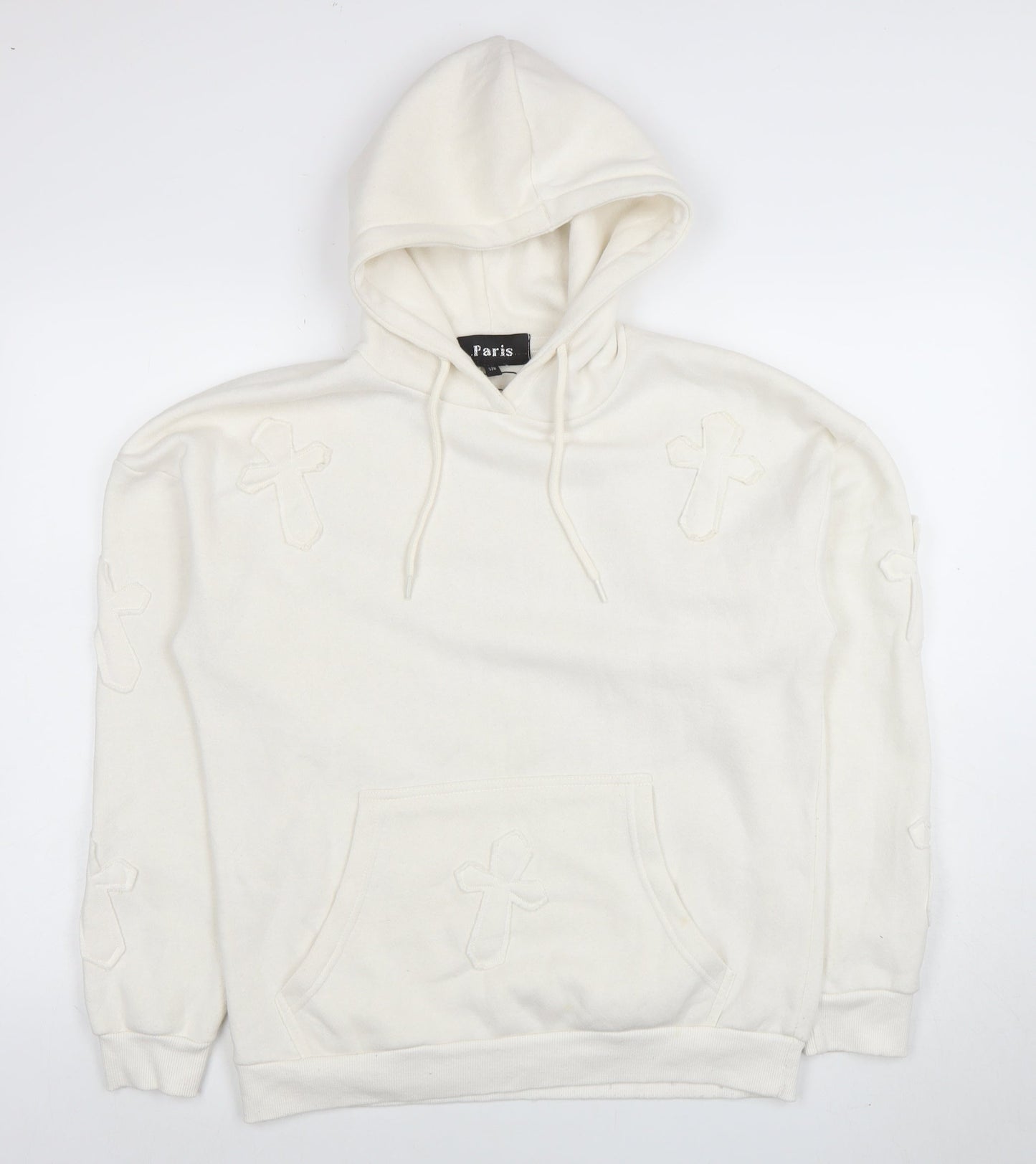 Paris Women’s Ivory Hoodie UK 8 Small Pullover Cross Detail Cotton Blend