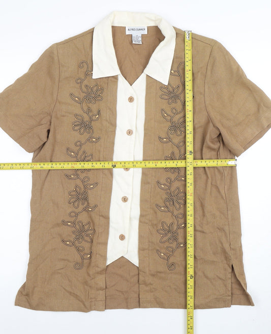 Alfred Dunner Womens Beige Short Sleeve Embroidered Linen Blend Blouse Size 10
