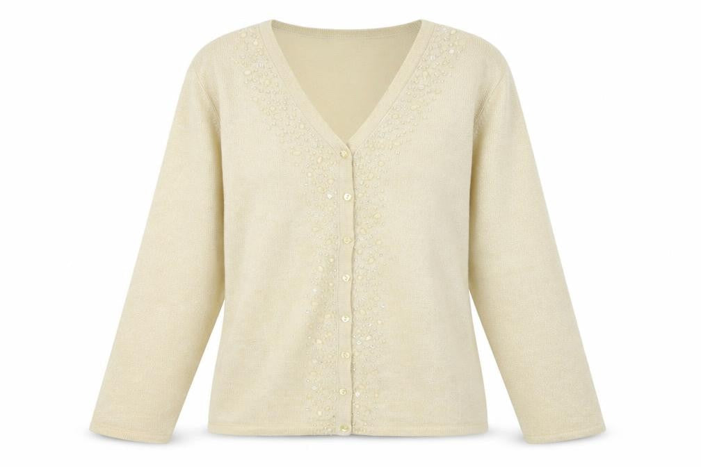 Bonmarché Women’s Beige Beaded V-Neck Cardigan M Knit Lightweight