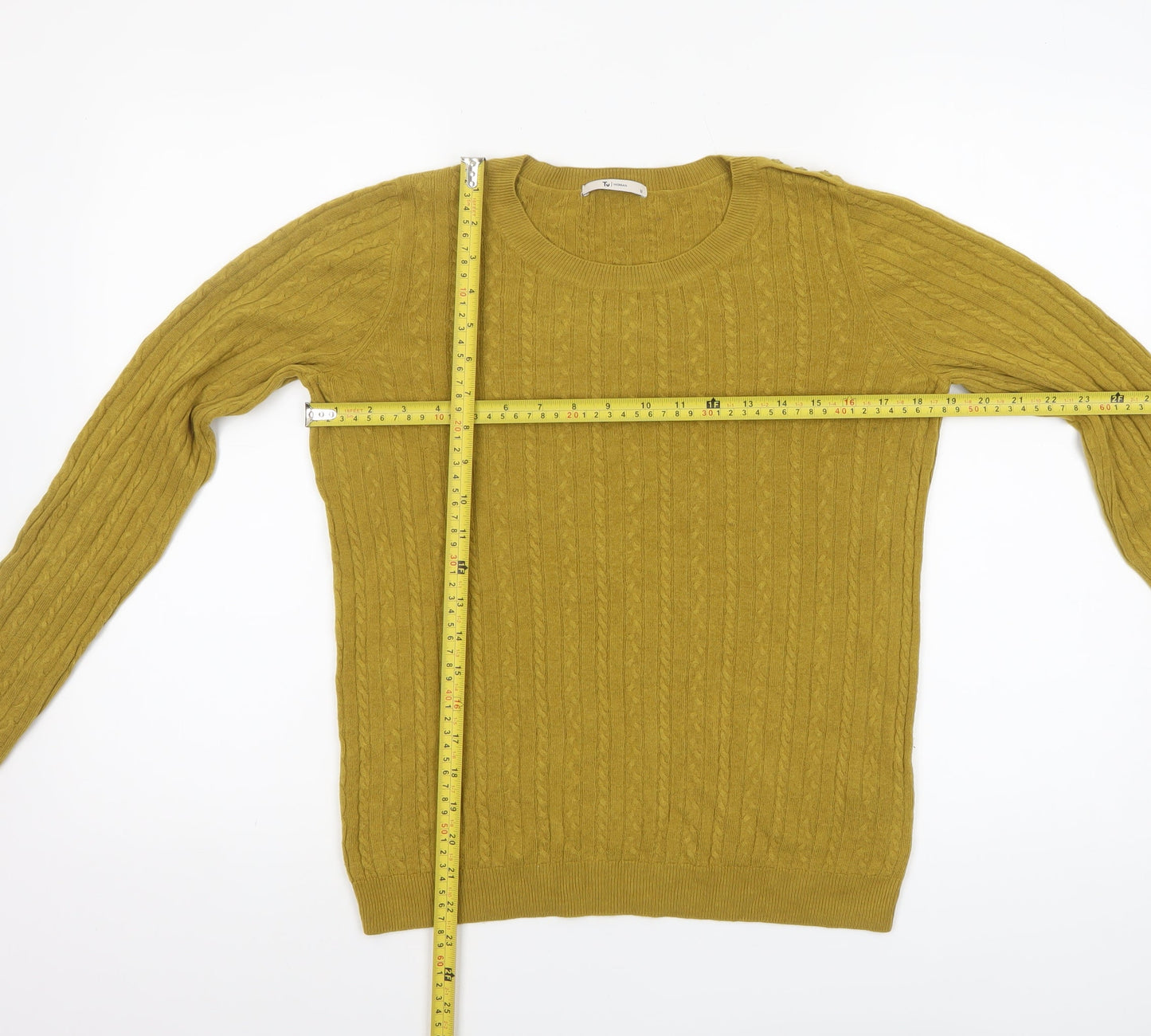 Tu Womens Yellow Cable Knit Crew Neck Jumper Size 12