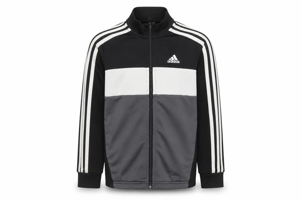 Front view of Adidas boys’ black track jacket 7-8 years full zip colourblock sportswear