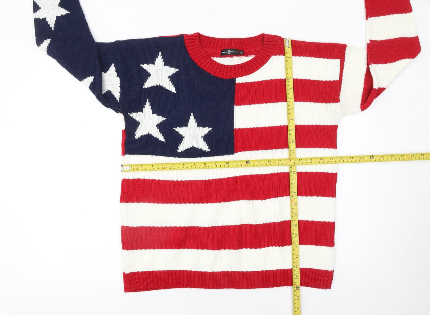 Pura Moda Women's Multicoloured M Crew Neck Knit Patriotic Jumper