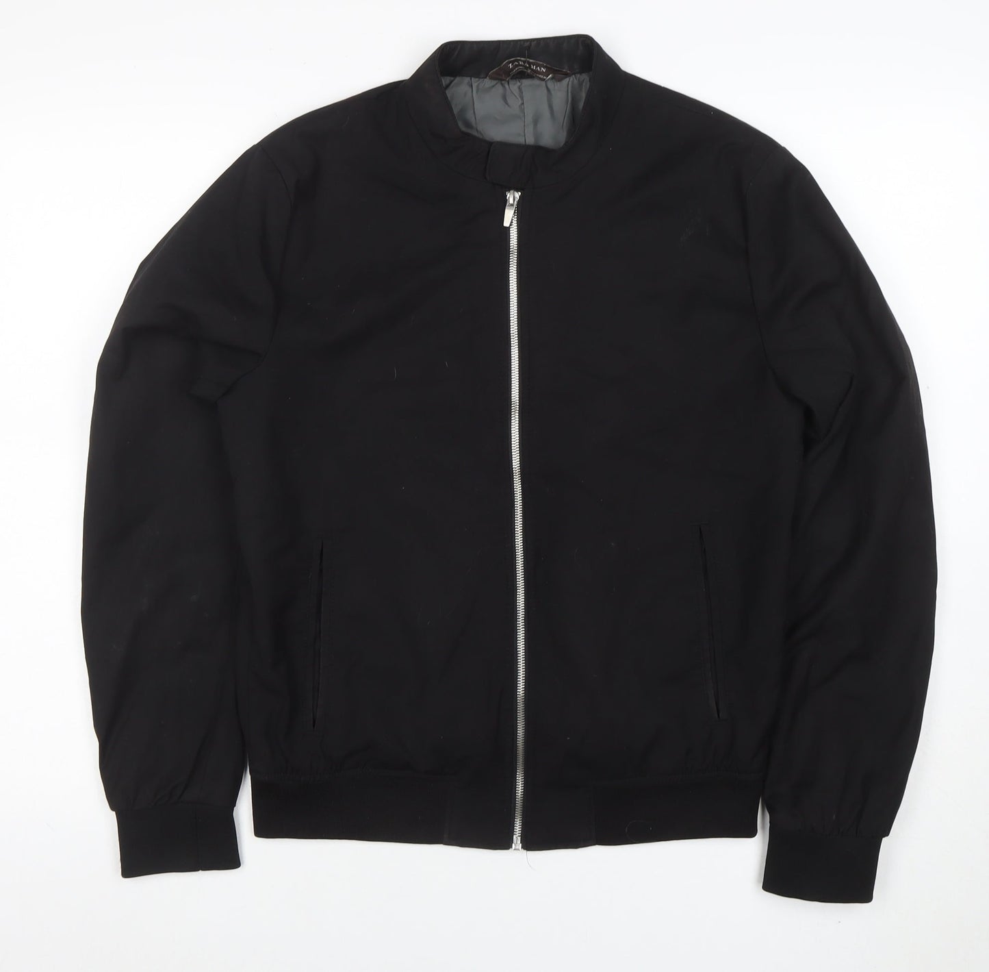 Zara Man Black Bomber Jacket Men M Full Zip Casual Lightweight