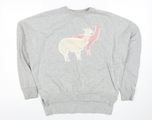 Sugar & Daisy Womens Grey Llama Embroidered Pullover Sweatshirt M